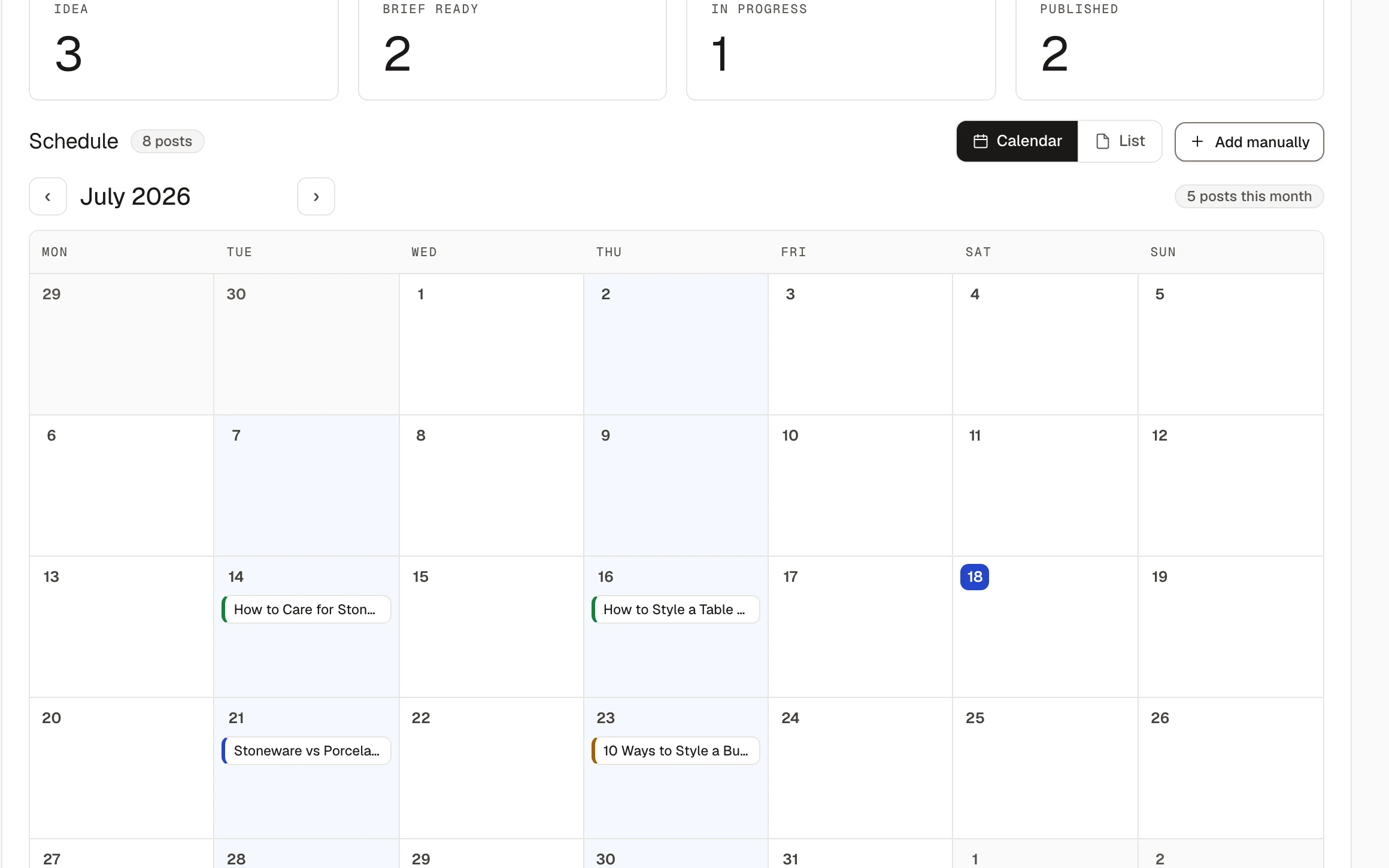 Sauron content calendar: a month grid with published and planned posts on Tuesdays and Thursdays, and dashed Autopilot cells marking the days it will publish next