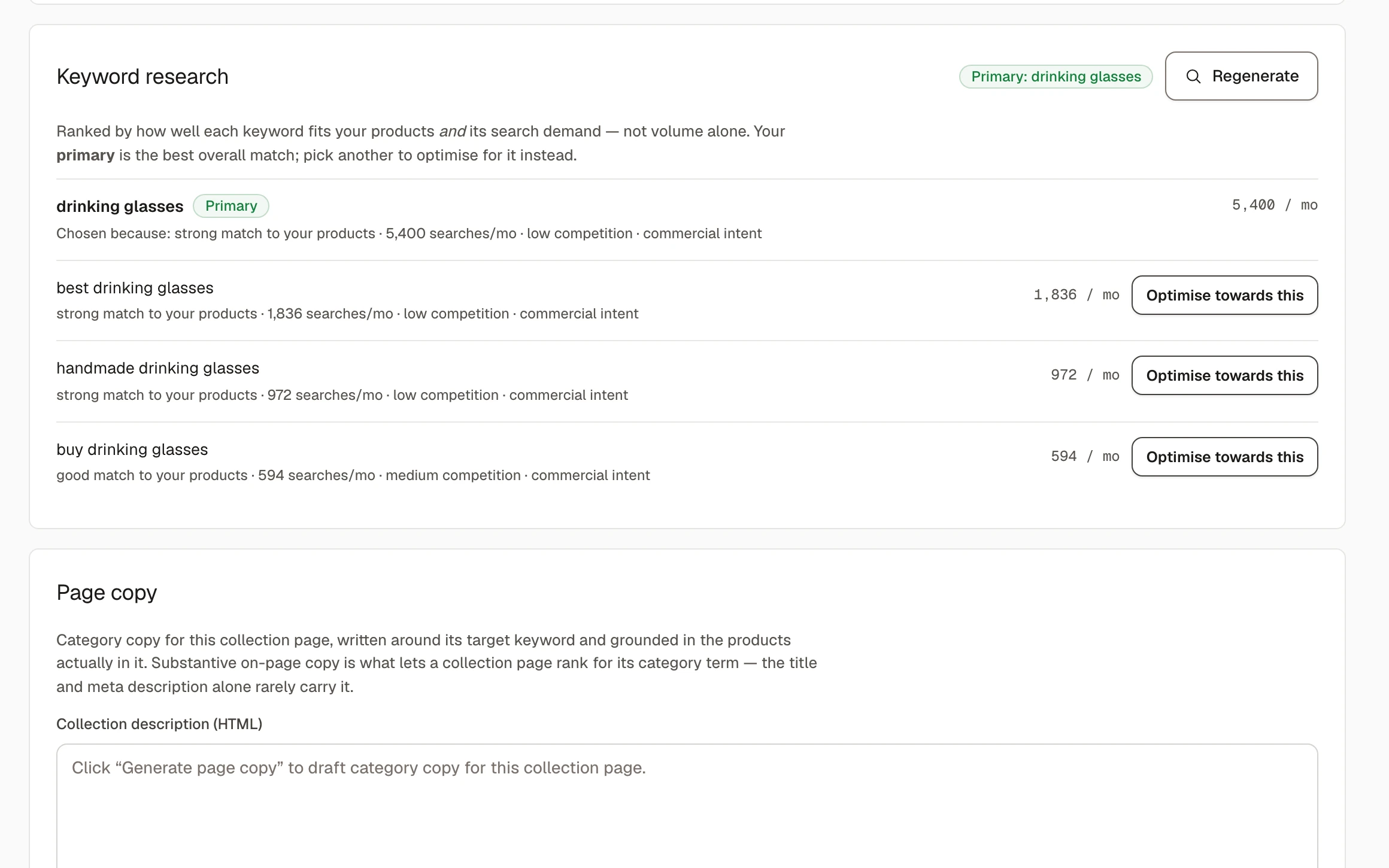 Sauron collection detail page showing the generated SEO title and description, primary keyword with search volume, and the collection's SEO score