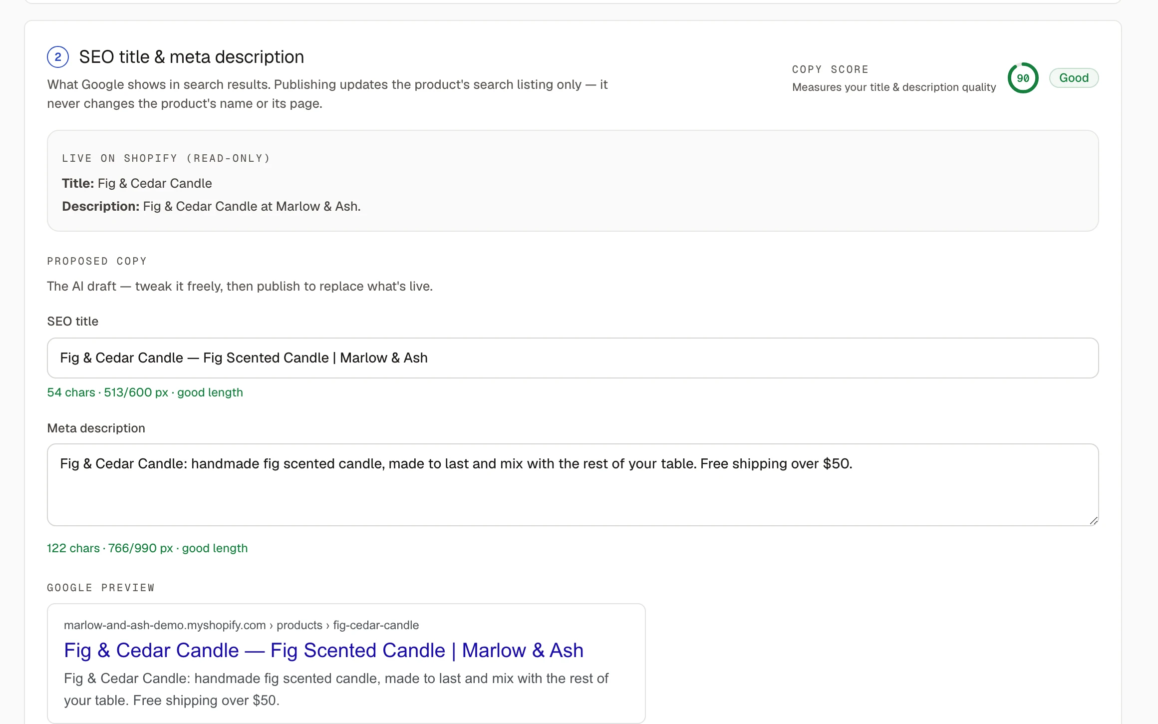 Sauron product copy diff showing the original Shopify title and description next to Sauron's rewritten, keyword-targeted version