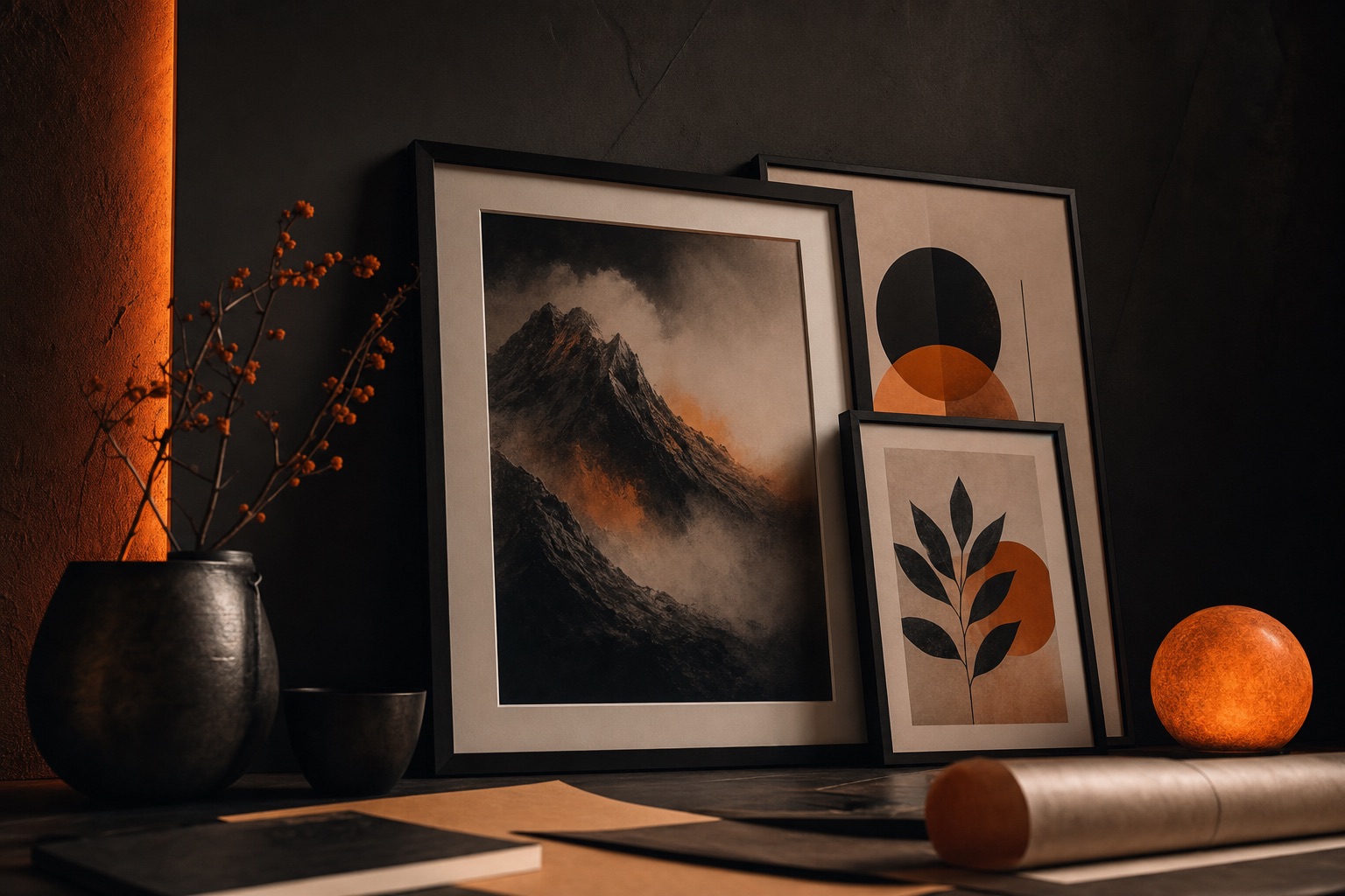 Art & Prints products — dark editorial still life