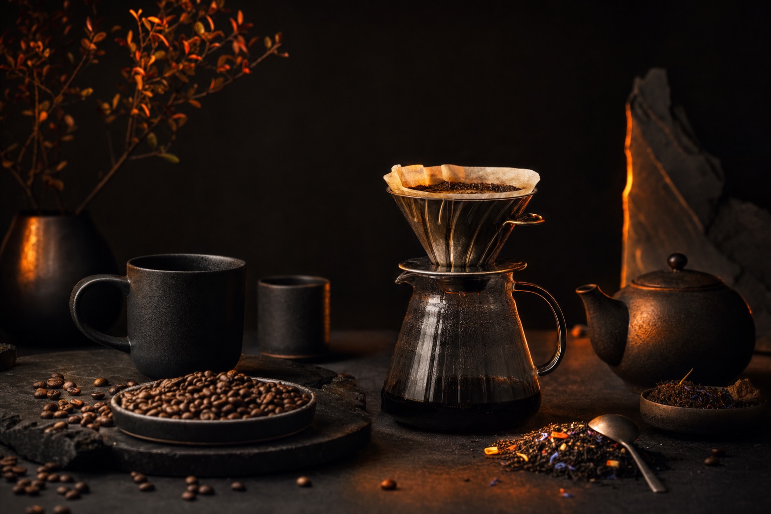 Coffee & Tea products — dark editorial still life