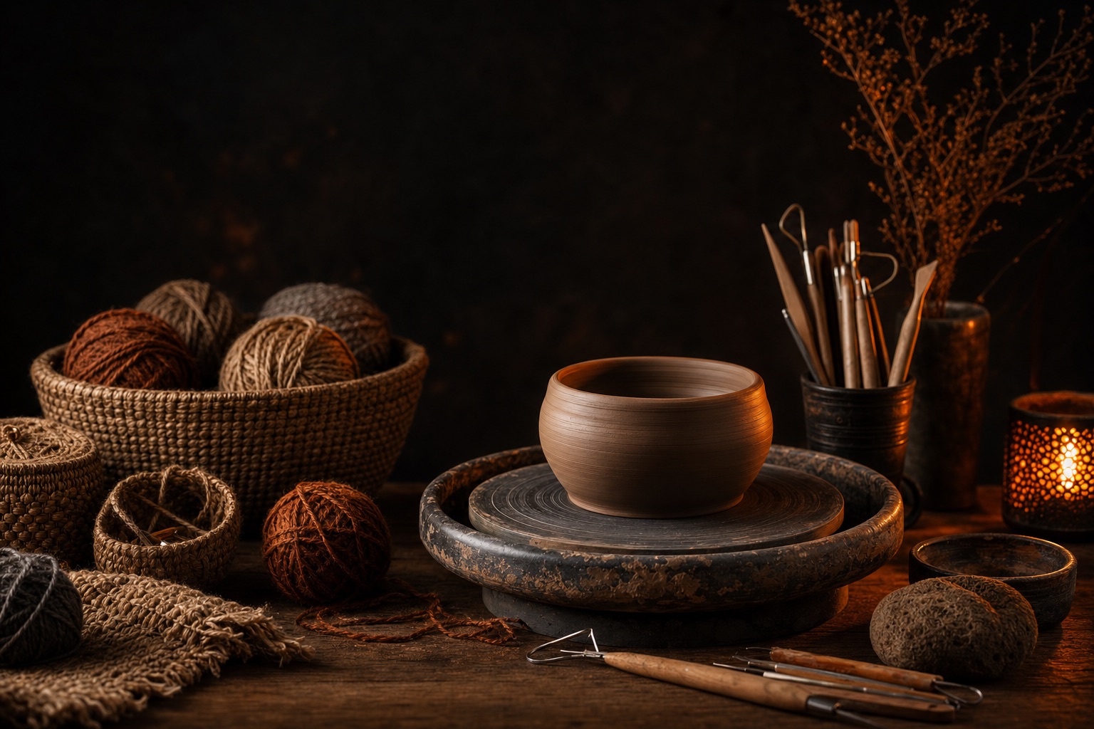Handmade & Crafts products — dark editorial still life