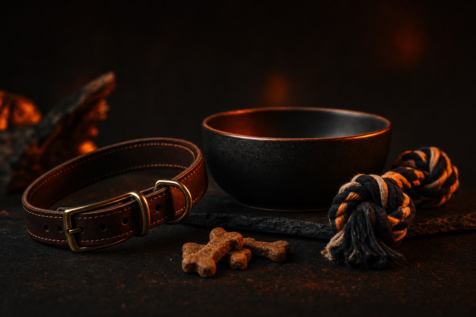 Pet Supplies products — dark editorial still life