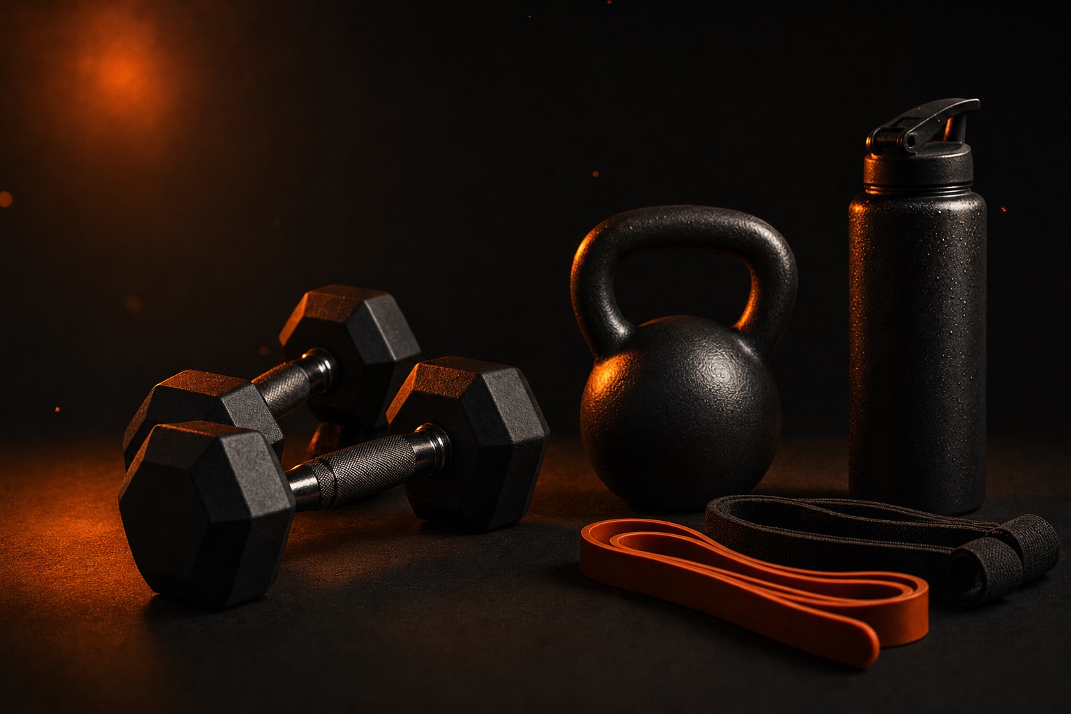 Sports & Fitness products — dark editorial still life