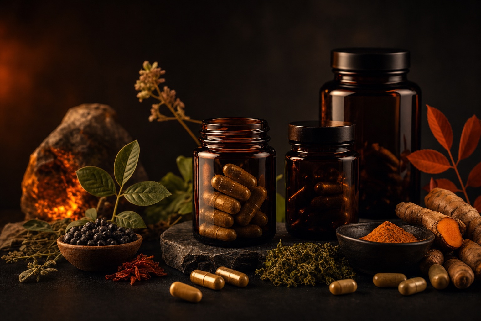 Supplements & Nutrition products — dark editorial still life